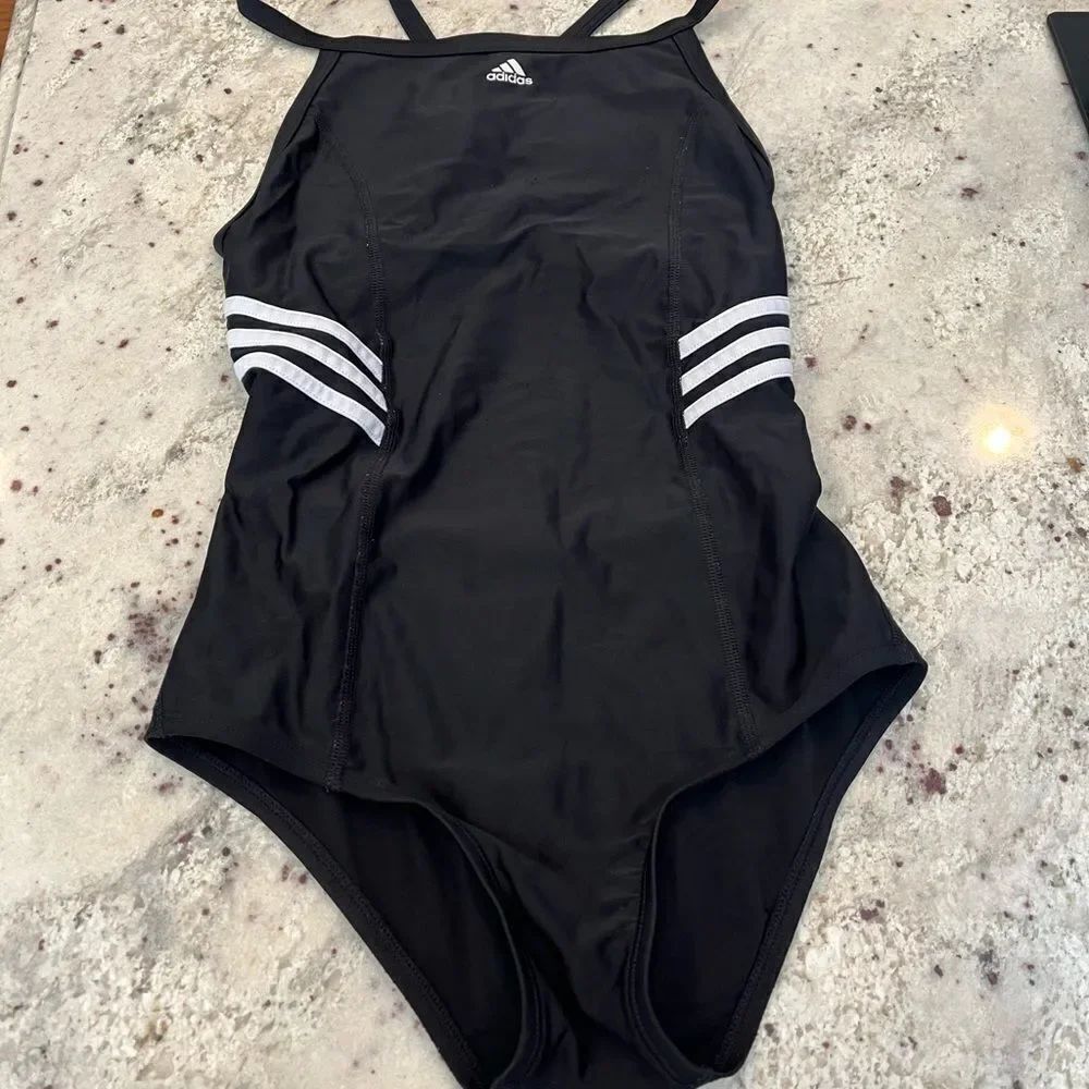 Adidas Black Three Stripe Racerback Swimsuit sz 10